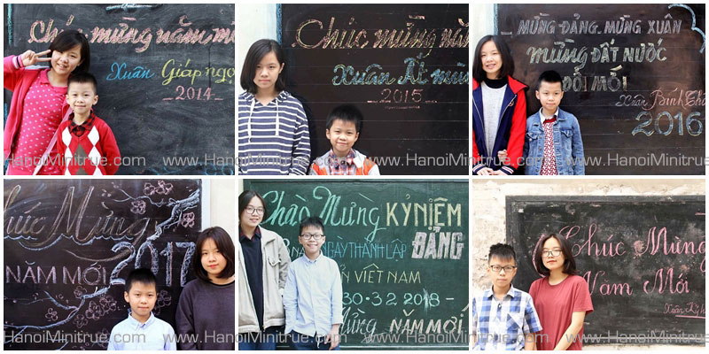 Photos of 2 kids in front of their neighborhood's public board in 6 different Tet holidays.